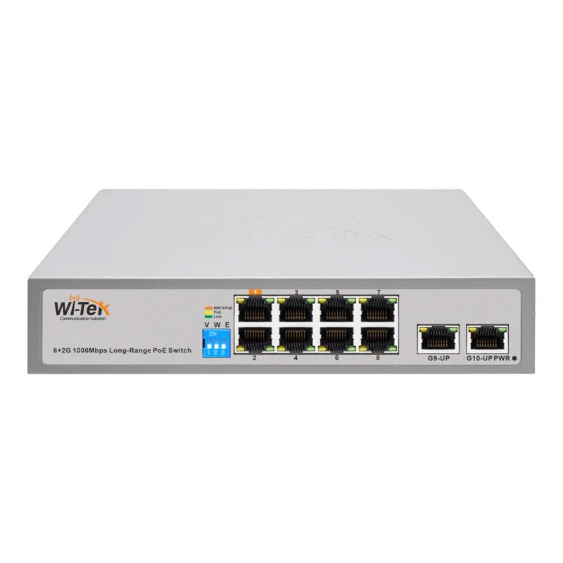 Wi-Tek 10-Port Gigabit Unmanaged POE Switch, 7 x POE, 1 x Hi-POE, 2 x Gigabit Uplink, 250m Transmission Distance on Extend Mode, 100W, Max 60W On Port 1, Desktop / Wall Mount