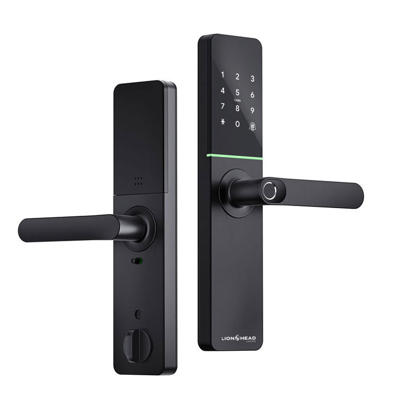 Lionhead Lock Enmore Luxe Series **BLACK** Leverset Electric Mortice Lock With BLE, PIN Entry, Fingerprint / Prox Reader, E-Key & Key Overridable Lock, Track Key 6068 **REQUIRES 4x AA BATTERIES**
