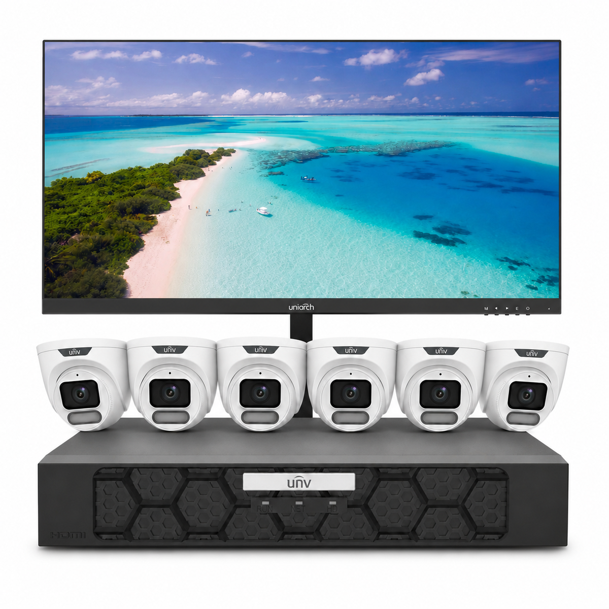 Uniview OwlView 6MP 8CH Kit, 1x NVR501-08B-P8-IQ, 6× IPC3626LE-ADF28K-WP ,NO HDD, Free 22" Monitor (Valid till August 31, or While Stocks Last)