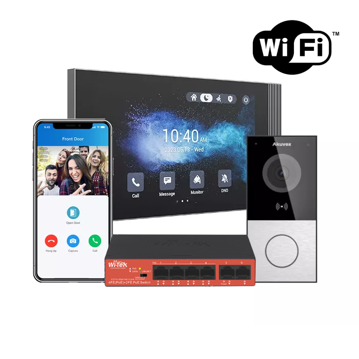 Akuvox IP 7" WiFi Intercom Kit **BLACK** - Includes 1 x S562W Touchscreen, 1 x E12W Surface Mount 1PB External Station, 1 x Surface Mount Bracket, 1x WK-PS206 6 Port PoE Switch