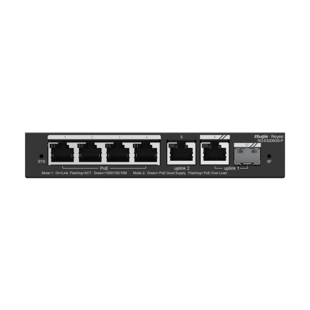 Ruijie Reyee 6-Port Gigabit Cloud Managed POE Switch, 4 x POE+, 1 x Gigabit Uplink, 1 x Gigabit SFP Combo Uplink, 54W, Desktop Mount