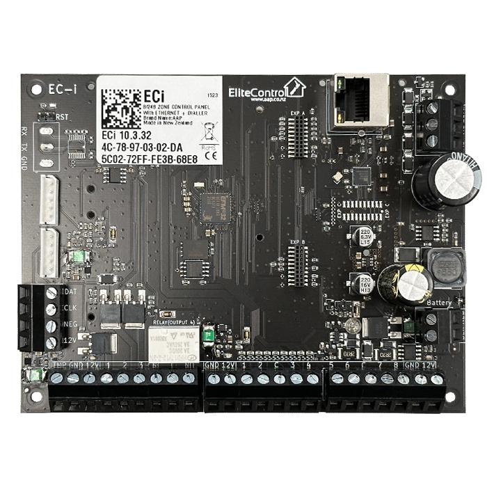 EliteControl ECi 8 Zone Alarm Panel **PCB ONLY** With On-Board Ethernet Module, 4 x Outputs, Includes Resistors & Battery Leads, Expandable Up To 248 Zones
