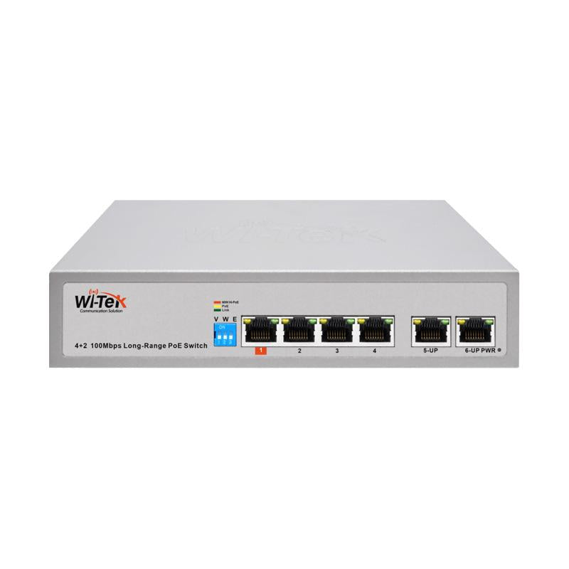 Wi-Tek 6-Port Unmanaged POE Switch, 4 x POE, 2 x Uplink, 250m Transmission Distance on Extend Mode, 55W, Max 60W On Port 1, Desktop / Wall Mount