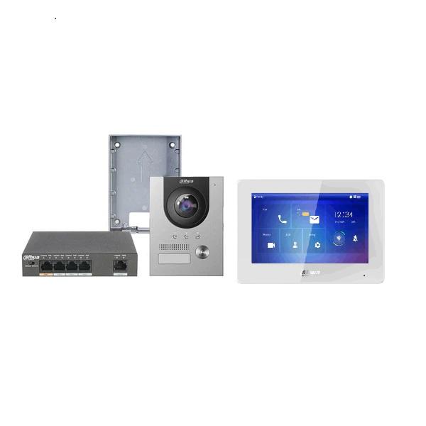 Dahua IP 7" Intercom Kit WHITE- Includes 1 x VTH2621GW-P White Touchscreen, 1 x DHI-VTO2201F-P 2MP **SURFACE** Mount 1PB External Station, 1 x PFS3005-4ET-36 4-Port POE Switch, 1 x VTM115 Surface Mount Back Box **Supports One Key Config**