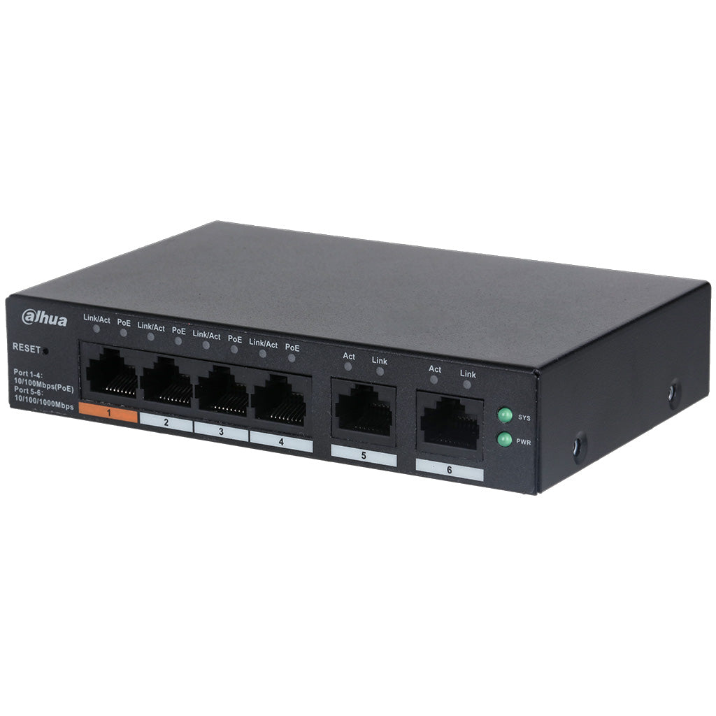 Dahua 6-Port Gigabit Layer 2 Cloud Managed Hi-POE 250M Switch, 4 x POE 10/100Mbps Port, 2 x Gigabit Uplink, 60W, Max 60W On Port 1, Desktop / Wall Mount