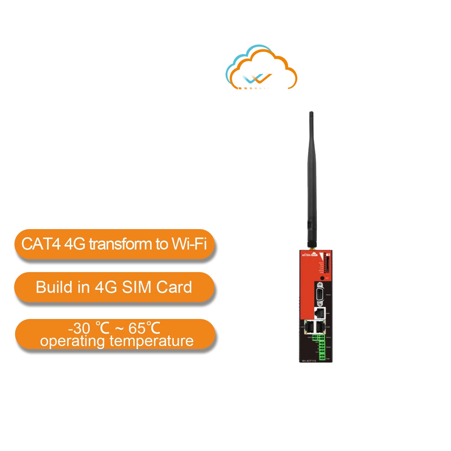Wi-Tek 3-Port 4G Cloud Managed Industrial Gateway / Router With WiFi, Up To 150Mbps LTE Cat4, 1 x 10/100 Mbps WAN / LAN Port, 2x 10/100 Mbps LAN Port, 12/48VDC / POE, 2x POE, 50W, 2x LTE Antennas, 2x WiFi Antenna - DIN Mount **NO POE WHEN POWERD BY 12VD