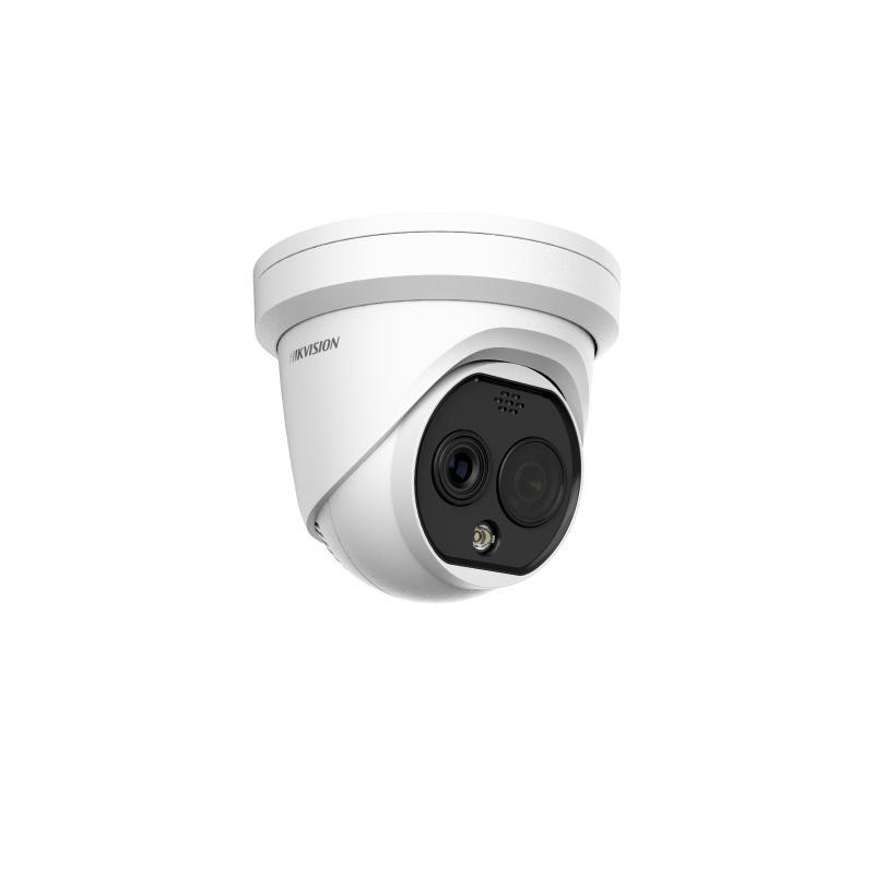 Hikvision 4MP IP Heat Pro Series BI-Spectrum Turret Camera, Perimeter, Fire / Smoke / Smoking Detection, Temperature Exception, Forklift Alarm, Thermal Lens 2.1mm / Optical Lens 2.2mm, 120dB WDR, 15m IR / 30m White Light, POE / 12VDC, IP67, Speaker / Whit