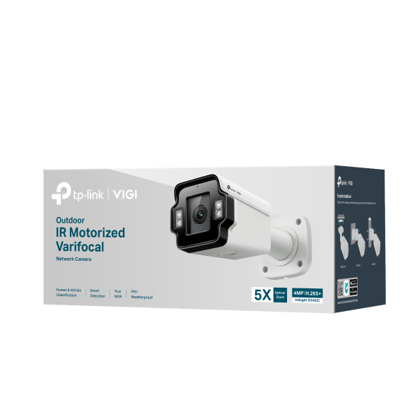 VIGI By TP-Link 4MP Varifocal Bullet, 1/2.9" CMOS, 2.7–13.5mm Motorized Lens (5x), 120dB WDR, IR 60m, Human & Vehicle Detection, People & Vehicle Analytics, Smart Detection, SmartVid (Smart IR, 3D DNR, BLC), Built-in Mic, Audio & Alarm I/O, MicroSD Slot