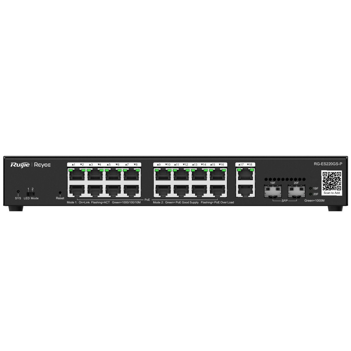 Ruijie Reyee 18-Port Gigabit Cloud Managed POE Switch, 16 x POE+, 2 x Gigabit SFP Combo Uplink, 250W, Desktop Mount