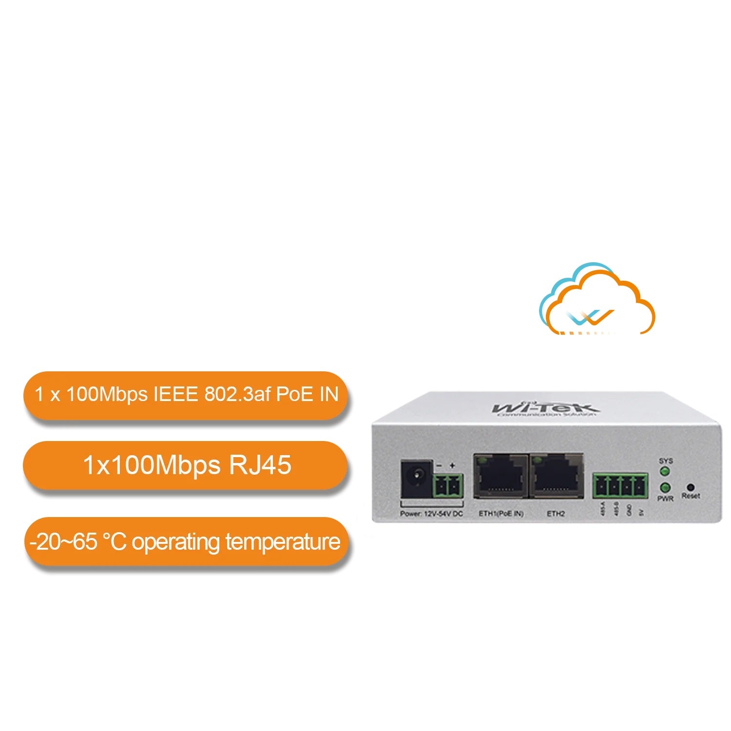 Wi-Tek 2-Port Cloud Controller, 1x POE In Port, 1x 10/100 Mbps Port, 12/48VDC / POE, To Suite Solar POE Switch, Desktop / DIN Mount