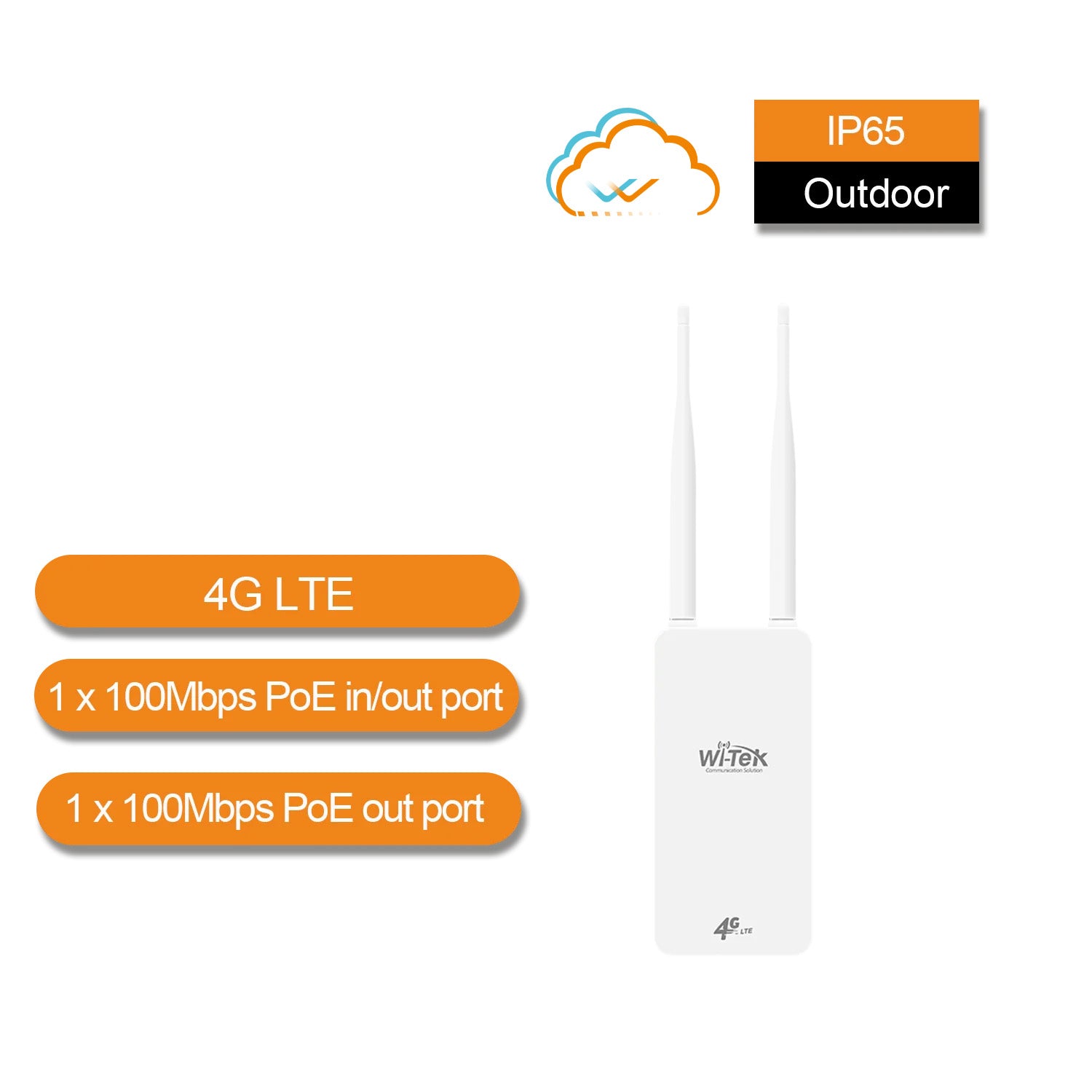 Wi-Tek 4G External Router, Up To 150Mbps LTE Cat4, 1 x 48VDC POE / 48VDC Input, 1 x POE Out, 300Mbps, IP65, Dual-Omni Antennas **REQUIRES SIM CARD** (No Longer Powered By 12V)