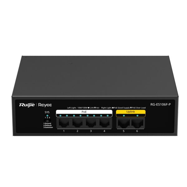 Ruijie Reyee 6-Port Unmanaged POE Switch, 4 x POE+, 2 x 100Mbps Uplink, 250m Transmission Distance on Extend Mode,54W, Max 30W Per Port, Desktop / Wall Mount