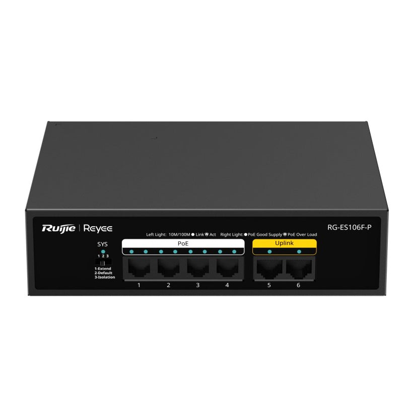 **SUPPLY DELAY (TBC)** Ruijie Reyee 6-Port Unmanaged POE Switch, 4 x POE+, 2 x 100Mbps Uplink, 250m Transmission Distance on Extend Mode,54W, Max 30W Per Port, Desktop / Wall Mount