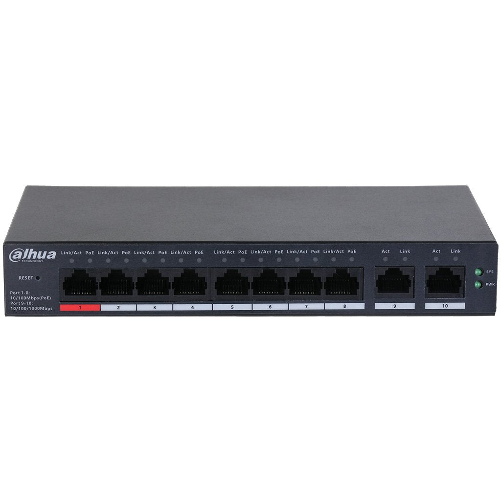 Dahua 10-Port Gigabit Layer 2 Cloud Managed Hi-POE 250m Switch, 8 x POE 10/100Mbps Port, 2 x Gigabit Uplink, 110W, Max 90W On Port 1, Desktop / Wall Mount