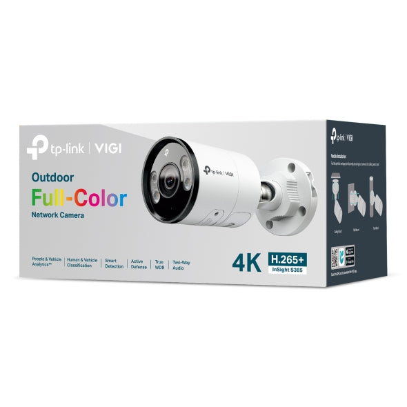 VIGI By TP-Link 8MP Full-Color Bullet, 1/2.7" CMOS, 2.8mm F1.6, 120dB True WDR, IR/White Light 30m, Human & Vehicle Detection, People & Vehicle Analytics, Smart Detection, SmartVid, Built-in Mic & Speaker, MicroSD Slot, H.265+, IP67, 12VDC/PoE