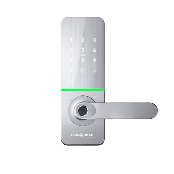 Lionhead Lock Regent Luxe Series **SILVER** Entrance Lock With BLE, PIN Entry, Fingerprint / Prox Reader, E-Key & Key Overridable Lock, 60/70mm Tubular Latch **REQUIRES 4x AA BATTERIES**