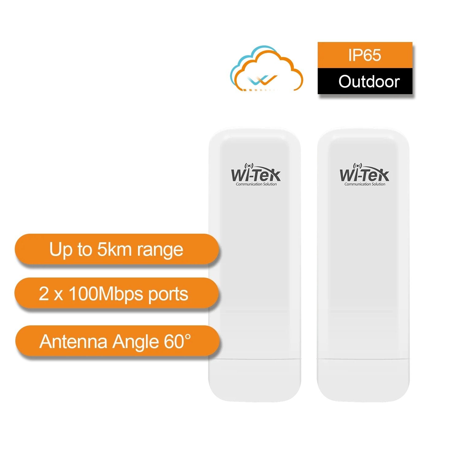 Wi-Tek External Wireless Bridge Kit, 100Mbps, 5GHz, 2 x 48VDC POE Injectors, IP54 (Up To 5KM Range)