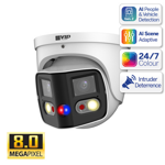 VIP 2 x 4MP IP Pro AI Series Full Colour Active Deterrence TiOC 180 Degree Wide Angle Panoramic Turret Camera, SMD 4.0, Quick Pick, Perimeter, Starlight, 2.8mm, 120dB WDR, 25m IR, 20m White Light, POE / 12VDC, IP67, MicroSD, Built-in Dual Mics / Speaker