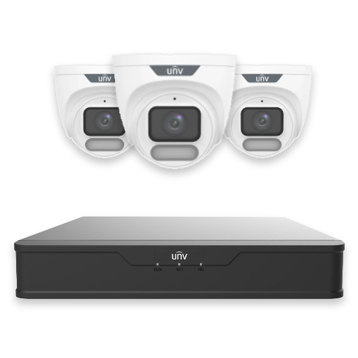 Uniview 4CH Easy Series Wise-ISP Full Colour 6MP Turret Kit - 1× NVR301-04B-P4-IQ, 3× IPC3626LE-ADF28K-WP | Perimeter, OwlView, 2.8mm, 120dB WDR, 30m White Light, Built-in Mic, POE or 12VDC, IP67 (Wall Mount: TR-WM03-D-IN, Junction Box: TR-JB03-I-IN) **