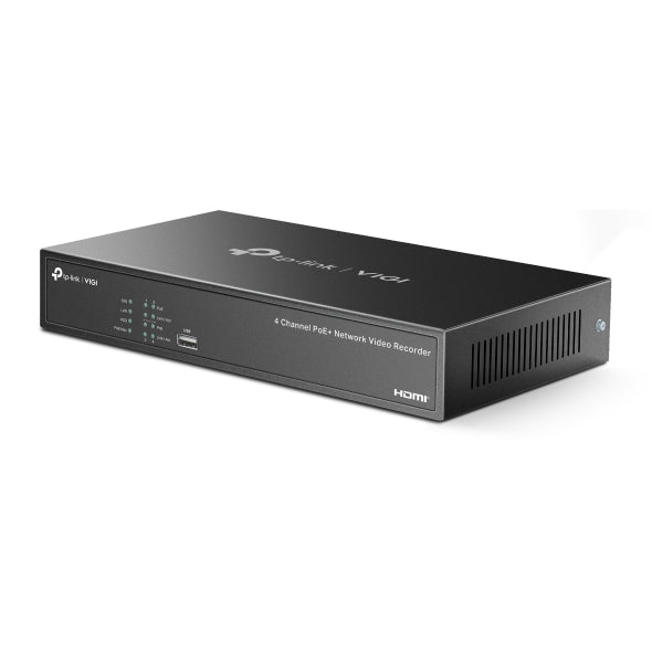 VIGI By TP-Link 4 Channel PoE NVR, 4K HDMI & VGA Output, 8MP Support, 4 Channel @ 4MP Decoding, 80Mbps Bandwidth, H.265+, Smart Detection & Alarms, Two-Way Audio, Simultaneous Playback, ONVIF, Remote Monitoring, Single SATA up to 10TB, 4× PoE+ Ports, 53