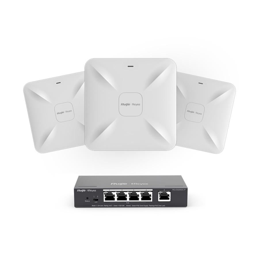 **NEW** Ruijie Reyee Internal WiFi5 Access Point Package Includes 3 x RAP2200(E) AC1300, 400Mbps, Dual Band Up To 867Mbps, POE / 12VDC (Up To 50M Range), 1 x RG-ES205GC-P 5-Port Gigabit Cloud Managed POE Switch, 4 x POE+