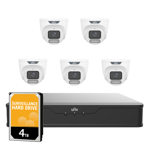 Uniview 8CH Easy Series Wise-ISP Full Colour 4MP Turret Kit - 1 x NVR301-08B-P8-IQ-4TB, 5 x IPC3624LE-ADF28K-WP | Perimeter, OwlView, 2.8mm, 120dB WDR, 30m White Light, Built-in Mic, POE or 12VDC, IP67 (Wall Mount: TR-WM03-D-IN, Junction Box: TR-JB03-I-