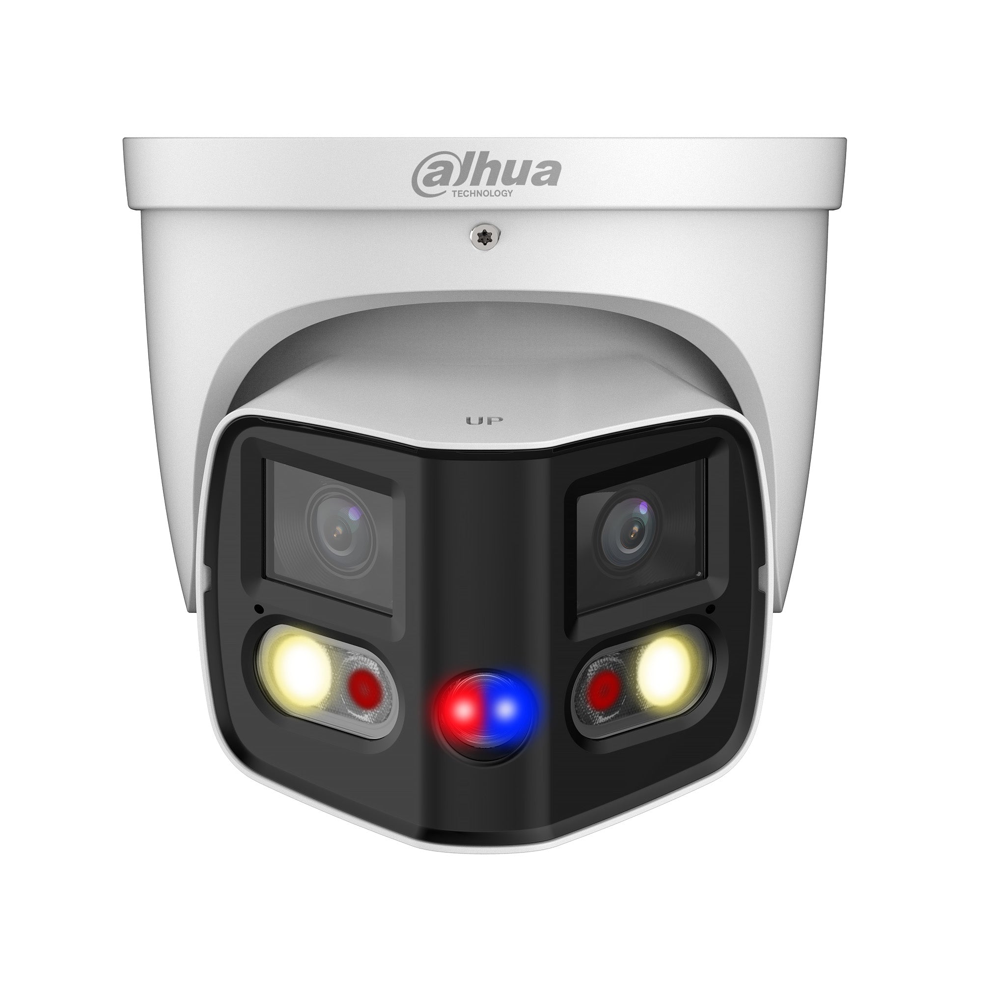 Dahua 2 x 4MP IP WizSense AI Series Full Colour Active Deterrence TiOC 180 Degree Wide Angle Panoramic Turret Camera, SMD 4.0, Quick Pick, Perimeter, Starlight, 2.8mm, 120dB WDR, 25m IR, 20m White Light, POE / 12VDC, IP67, MicroSD, Built-in Dual Mics /