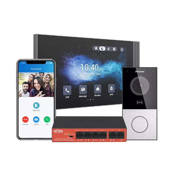 Akuvox IP 7" Intercom Kit - Includes 1 x S562-WHITE Touchscreen, 1 x E12S Surface Mount 1PB External Station, 1x WK-PS206 PoE Switch