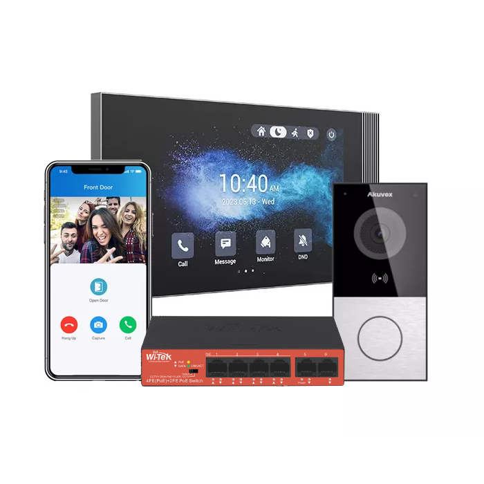 Akuvox IP 7" Intercom Kit **BLACK** - Includes 1 x S562 Touchscreen, 1 x E12S Surface Mount 1PB External Station, 1 x Surface Mount Bracket, 1x WK-PS206 PoE Switch