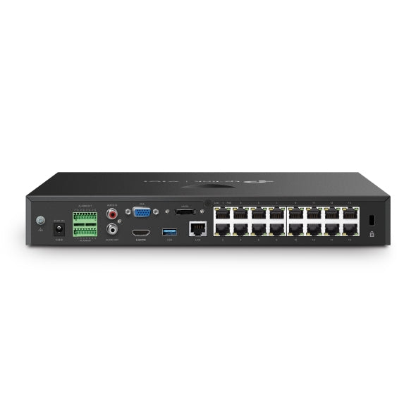 VIGI By TP-Link 16 Channel PoE+ NVR, 4K HDMI Output, 16 Channel @ 2MP Decoding, 320Mbps Bandwidth, H.265+, 16 Channel Live View & Playback, ONVIF, Plug & Play, Remote Monitoring, Dual HDD up to 32TB, eSATA, 16× PoE+ Ports, 140W PoE Budget