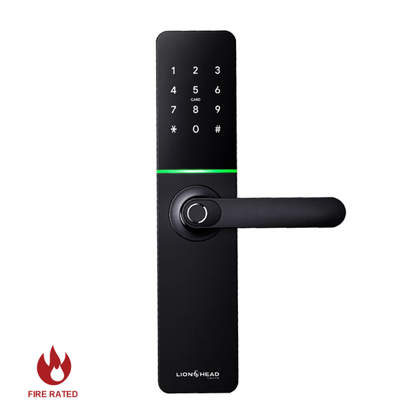 Lionhead Lock Enmore Luxe Series **BLACK** Leverset Electric Mortice Lock With BLE, PIN Entry, Fingerprint / Prox Reader, E-Key & Key Overridable Lock, Track Key 6068 FIRE RATED (ECORE & FIRECORE) **REQUIRES 4x AA BATTERIES**