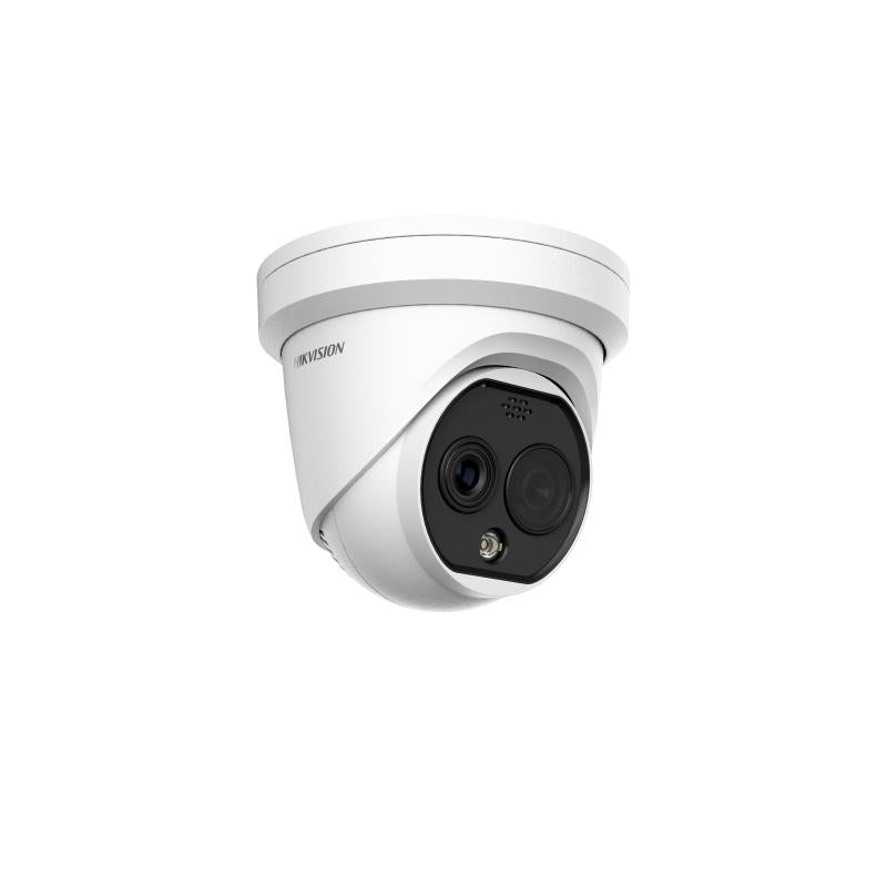 Hikvision 4MP IP Heat Pro Series BI-Spectrum Turret Camera, Perimeter, Fire / Smoke / Smoking Detection, Temperature Exception, Forklift Alarm, Thermal Lens 2.1mm / Optical Lens 2.2mm, 120dB WDR, 15m IR / 30m White Light, POE / 12VDC, IP67, Speaker / Wh