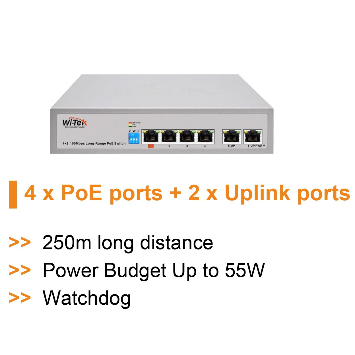 Wi-Tek 6-Port Unmanaged POE Switch, 4 x POE, 2 x Uplink, 250m Transmission Distance on Extend Mode, 55W, Max 60W On Port 1, Desktop / Wall Mount