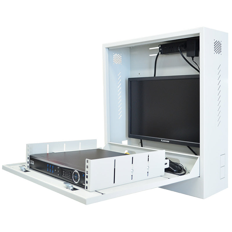 VIP Vision Vertical Wall Mount Security Cabinet 2RU Horizontal With Integrated 4 Output Powerboard & 2 x Cabinet Locks - Fits Up To 4HDD NVR & 24" Monitor ***Requires M4 Screws To Mount Monitor***