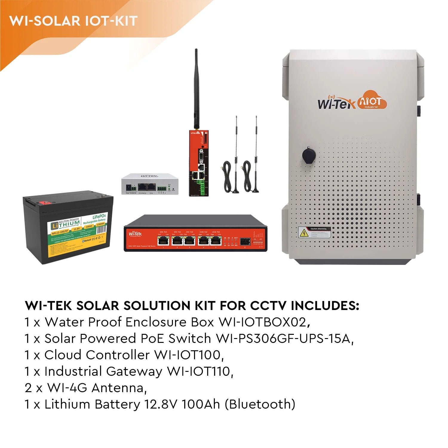 Wi-Tek IOT Backbone Devices Solar Kit - 1280Wh LiFePo4 12.8V 100Ah Battery, 1x WI-PS306GF-UPS-15A 5-Port Outdoor Solar POE Switch, 1x WI-IOT100 Cloud Controller, 1x WI-IOT110 Industrial Gateway, 2x WI-4G Antenna