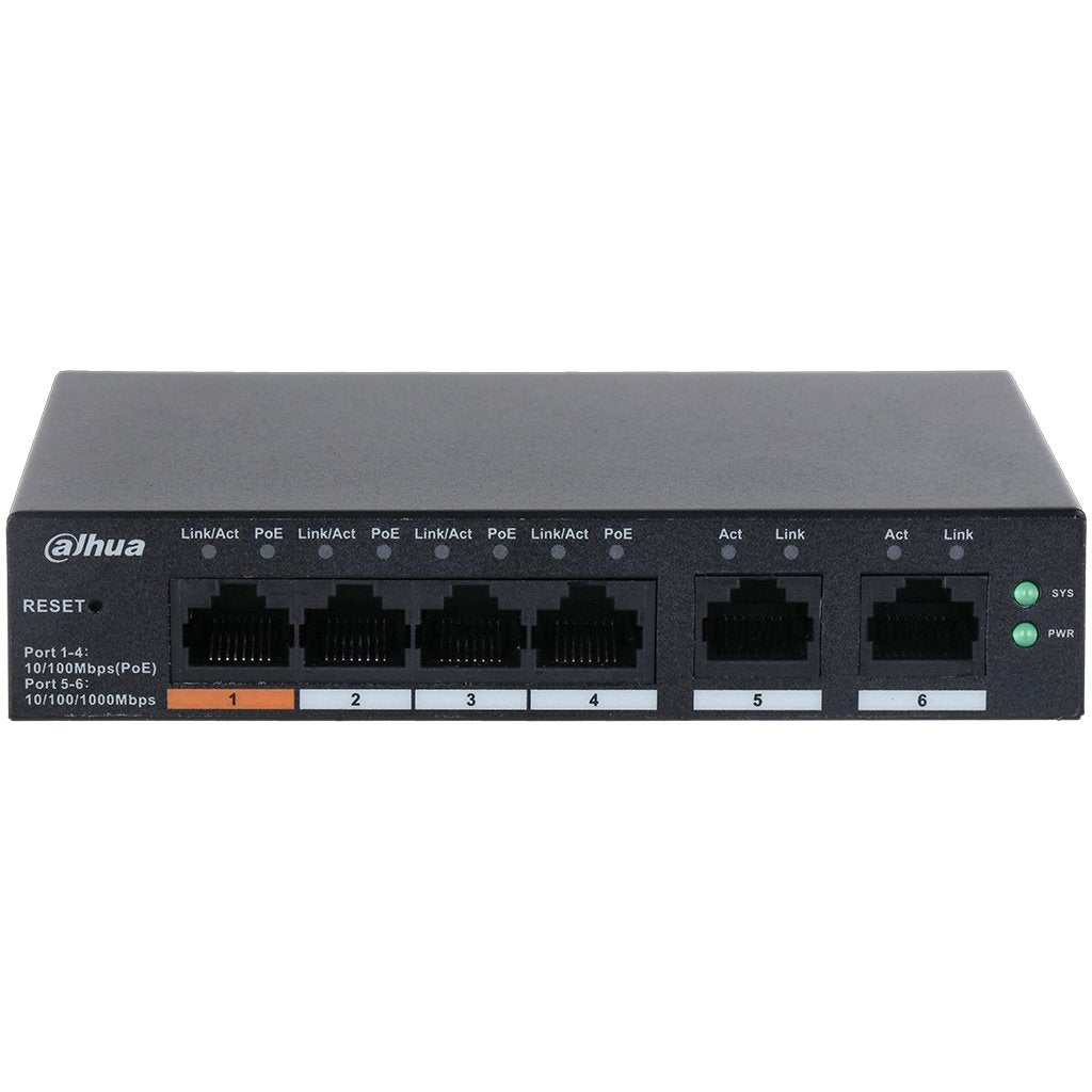 Dahua 6-Port Gigabit Layer 2 Cloud Managed Hi-POE 250M Switch, 4 x POE 10/100Mbps Port, 2 x Gigabit Uplink, 60W, Max 60W On Port 1 Desktop / Wall Mount