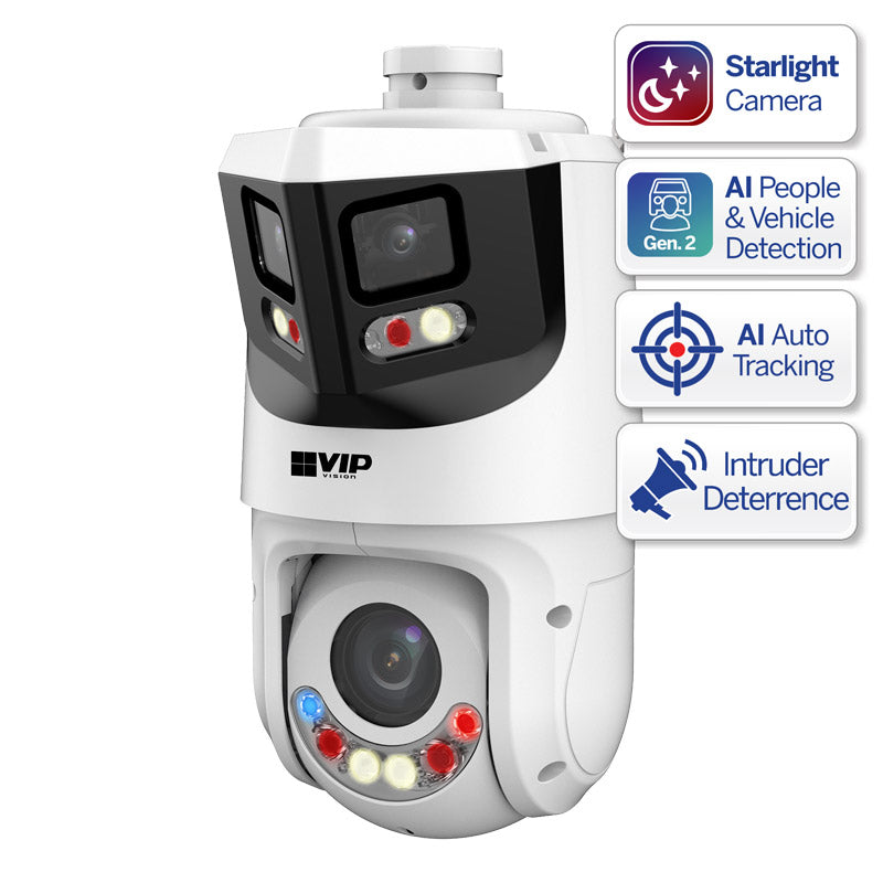 VIP Vision 8MP+4MP Professional AI Series Multi-Vision Dual-Lens PTZ, 180° Panoramic + 25x Zoom, Auto Tracking, Deterrence LEDs & Siren, IP67 (Wall-Mount Bracket: VSBKTB305W Included)