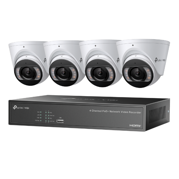 VIGI By TP-Link 4MP Full-Color Turret & 4 Channel PoE+ NVR Kit, Includes 1× NVR1004H-4P with 2TB HDD, 4× VIGI C445 (2.8mm), 4K HDMI Output, 16MP Decoding, 4CH Playback, RX/TX 80Mbps/60Mbps, H.265+, 4× PoE+ Ports, 53W PoE Budget, Two-Way Audio, IP67 Came
