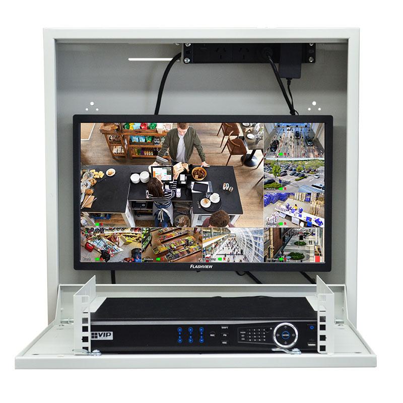 VIP Vision Vertical Wall Mount Security Cabinet 2RU Horizontal With Integrated 4 Output Powerboard & 2 x Cabinet Locks - Fits Up To 4HDD NVR & 24" Monitor ***Requires M4 Screws To Mount Monitor***