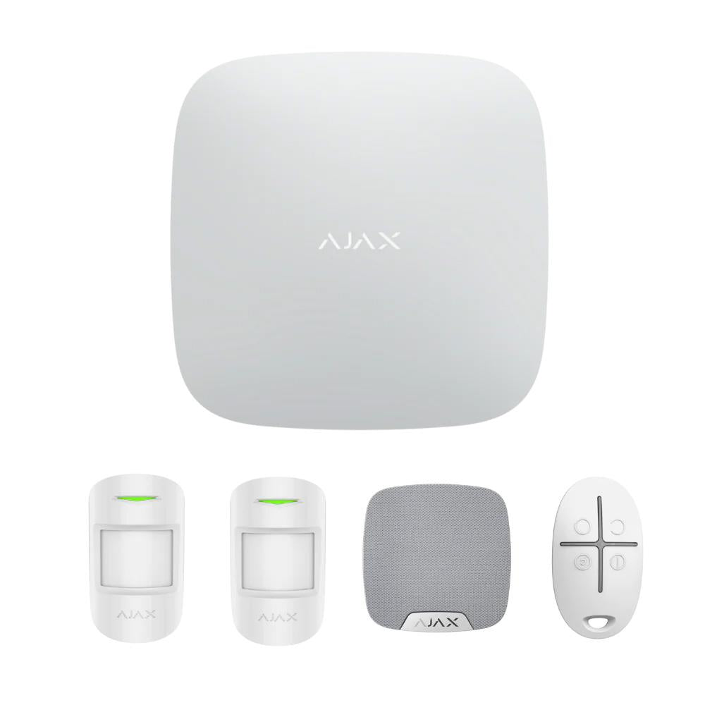 Ajax Hub 2 Plus Starter Kit WHITE - 1 x Hub 2 Plus Dual SIM 4G / Ethernet / WiFi - 2 x MotionProtect PIR - 1 x HomeSiren - 1 x SpaceControl Fob