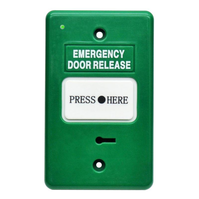 Secor Green Resettable Emergency Door Release, Resettable, LED Indicators & Buzzer, Two Isolated SPDT Outputs, IP55, Standard GPO Size (Protective Cover: DWS250C, Spare Key: WEB200KEY)