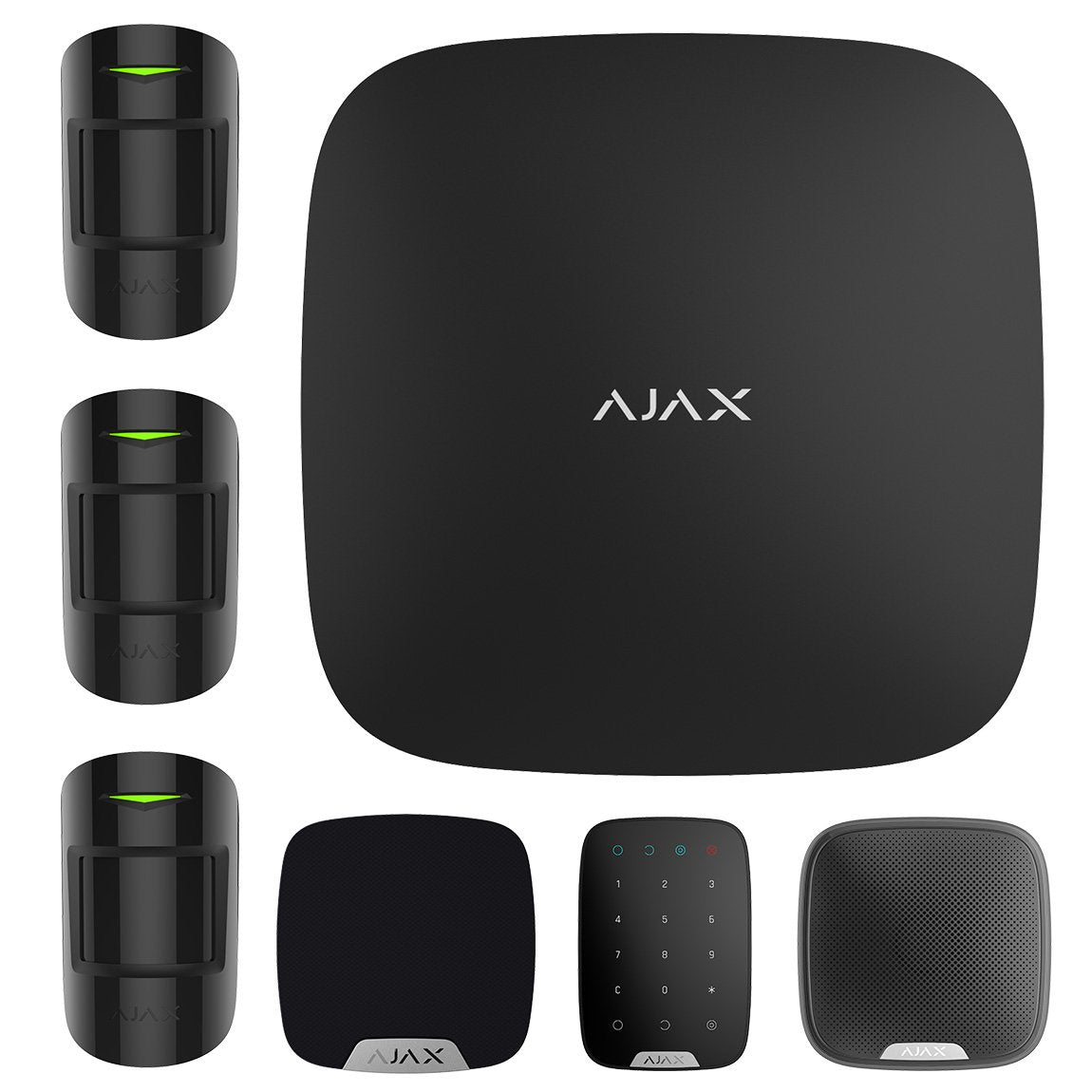 Ajax Hub 2 Plus Home Kit BLACK - 1 x Hub 2 Plus Dual SIM 4G / Ethernet / WiFi - 3 x MotionProtect PIR - 1 x HomeSiren - 1 x StreetSiren - 1 x KeyPad