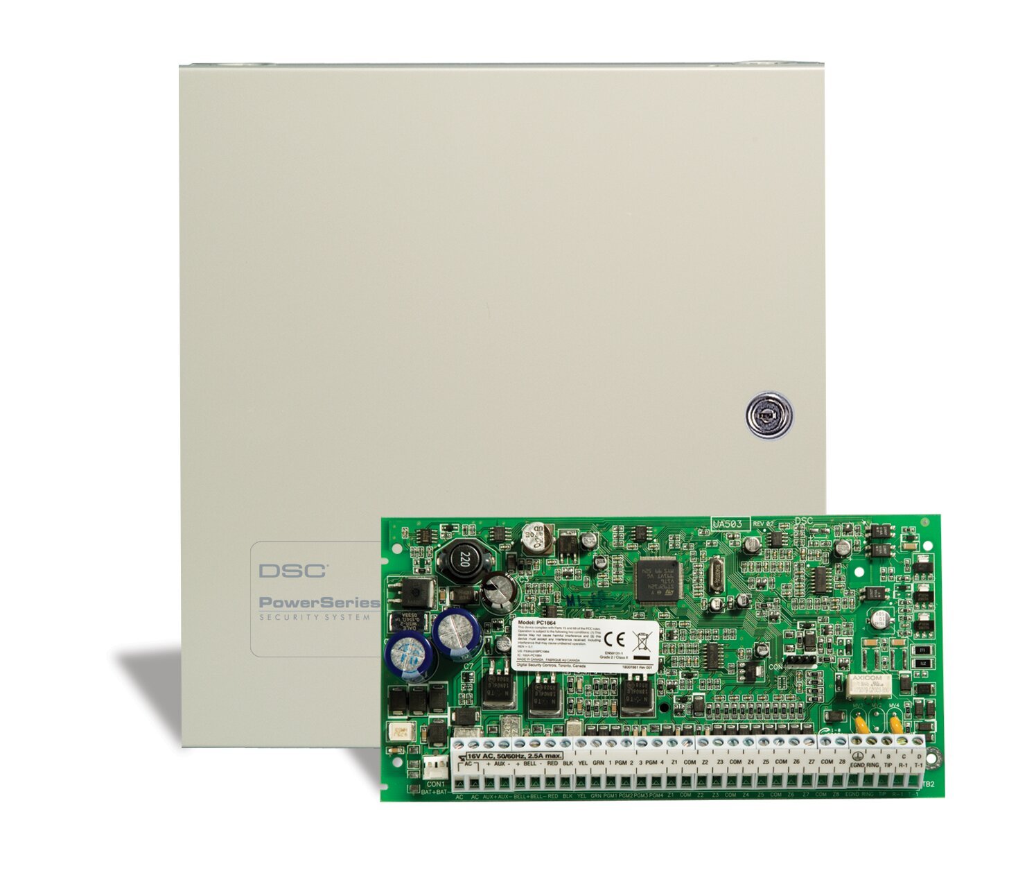 DSC PC1864 Basic Kit with 2x DSCLC-100 PIR and NO Keypad * Kit contains the following items: * 1x DSSCPC1864PCBAUS - PCB 8-Zone Onboard PCB Panel * 1x DSCPC5003C - Large Cabinet * 2x DSCLC-100-PI - PIR Motion Detector with Pet Immunity * 1x DSCT-1 - Tampe