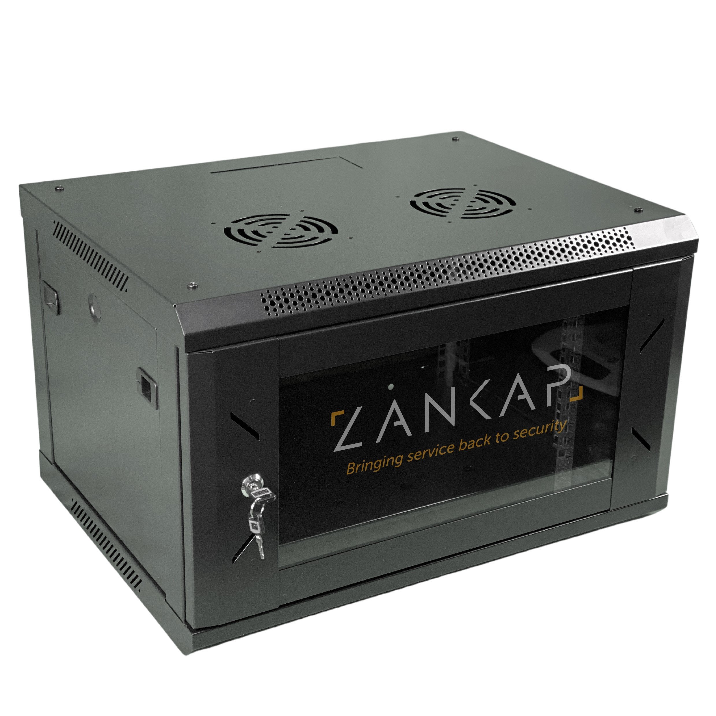 Zankap 6RU 450mm Deep Wall Mount Cabinet With 1 x Fixed Shelf, 10 x Cage Nuts, Lockable Glass Front Door, Rapid Build Flatpack