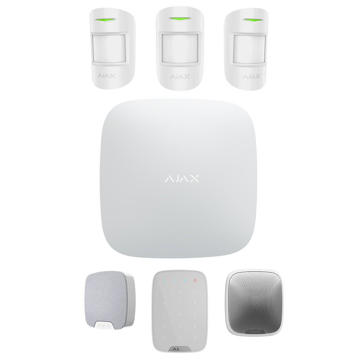 Ajax Hub 2 Plus Home Kit WHITE - 1 x Hub 2 Plus Dual SIM 4G / Ethernet / WiFi - 3 x MotionProtect PIR - 1 x HomeSiren - 1 x StreetSiren - 1 x KeyPad