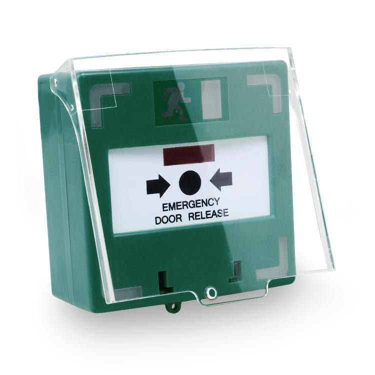 Secor **Green** Emergency Door Release Breakglass, Resettable, LED Indicators & Buzzer, Green / Red Status Bar, Triple Isolated DP/DT Outputs, 12VDC Or 24VDC, Optional Flip Cover Available