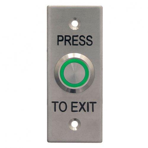 Secor Stainless REX, Stainless Steel Flush Push Button Green Illuminated, IP65, Fly Leads, Architrave Plate "PRESS TO EXIT"